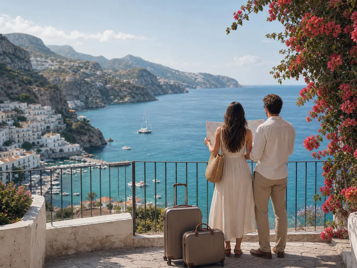 Coppia in viaggio di nozze davanti a una baia mediterranea